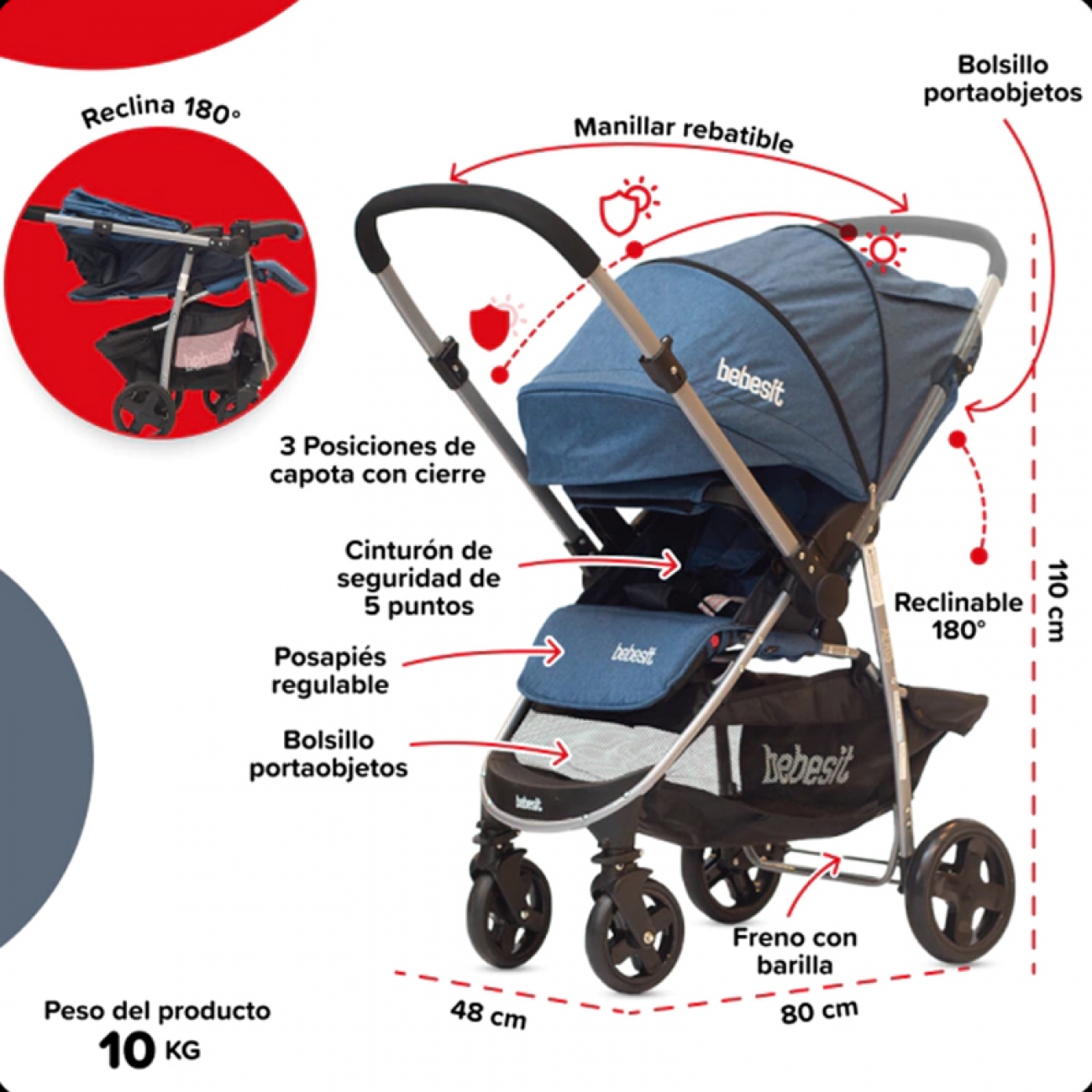 Imagen Cochecito Bebé Bebesit 1390-d 4 Ruedas 15kg Reclina Azul